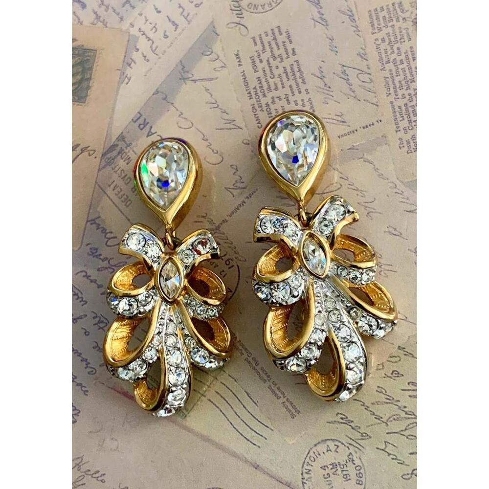 Vintage Clear Rhinestone Ribbon Bow Teardrop Dangle Clip On Earrings Bridal Prom